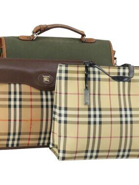 Burberrys Nova Check Hand Bag Canvas 3 Set Beige Green Auth bs31496